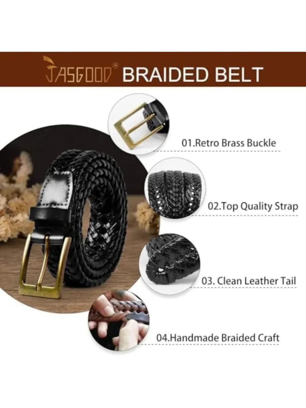 Men's Braided Leather Belt - Casual Woven Belt for Jeans with Single Prong